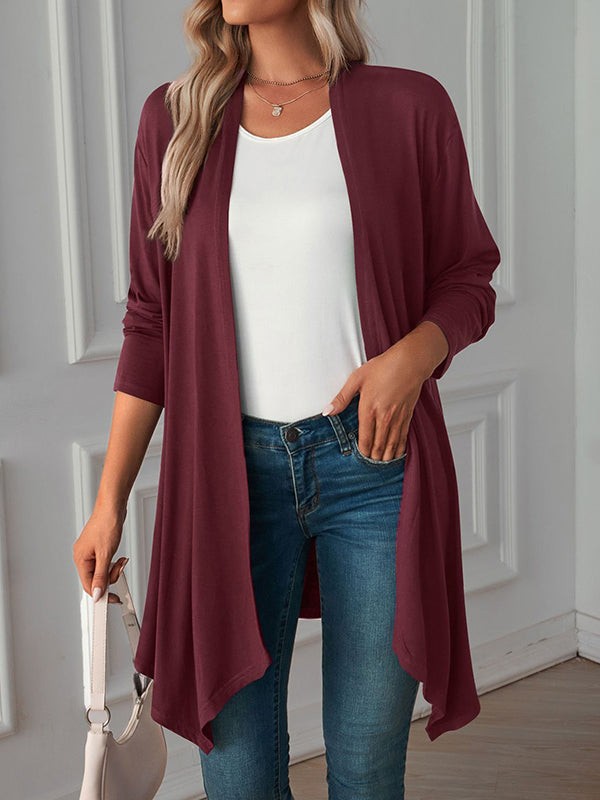 Light waterfall jacket with a draped collar and an open front in burgundy
