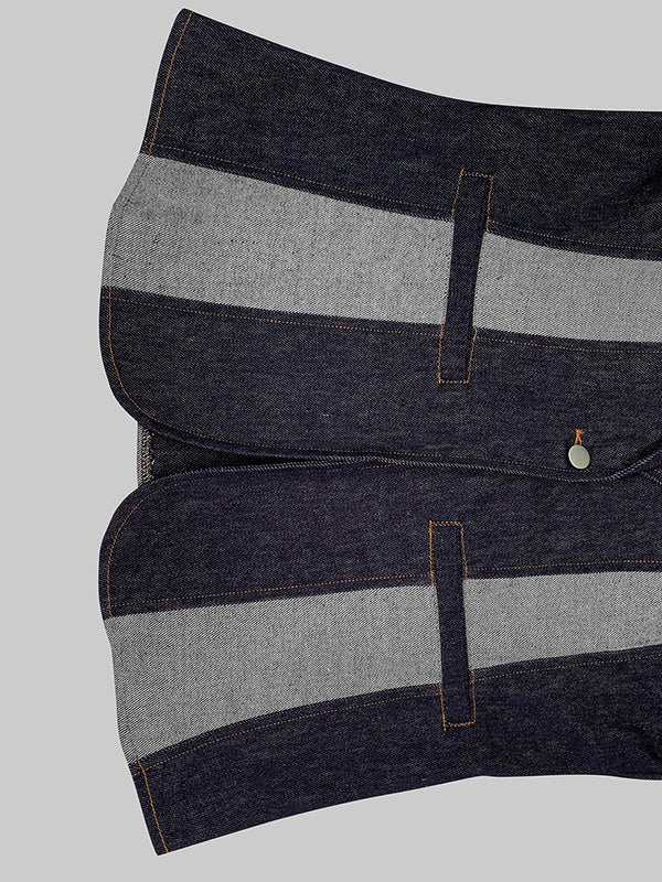 Fitted indigo denim blazer with pale grey contrast panels