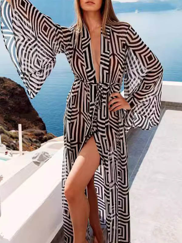 Long sheer beach cover-up in a black and white geometric print in black and white