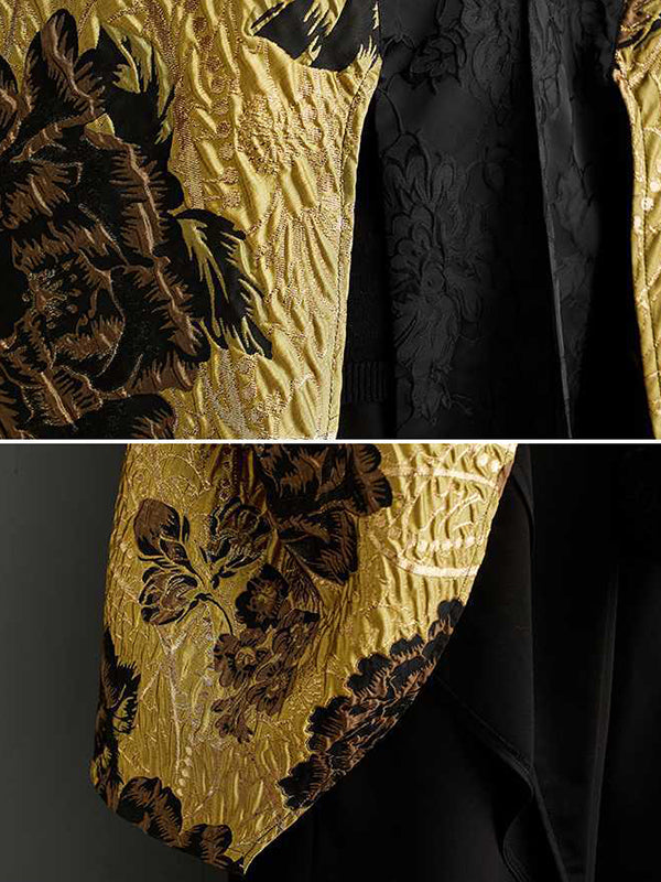 Gold brocade jacket with raised black flowers and batwing sleeves