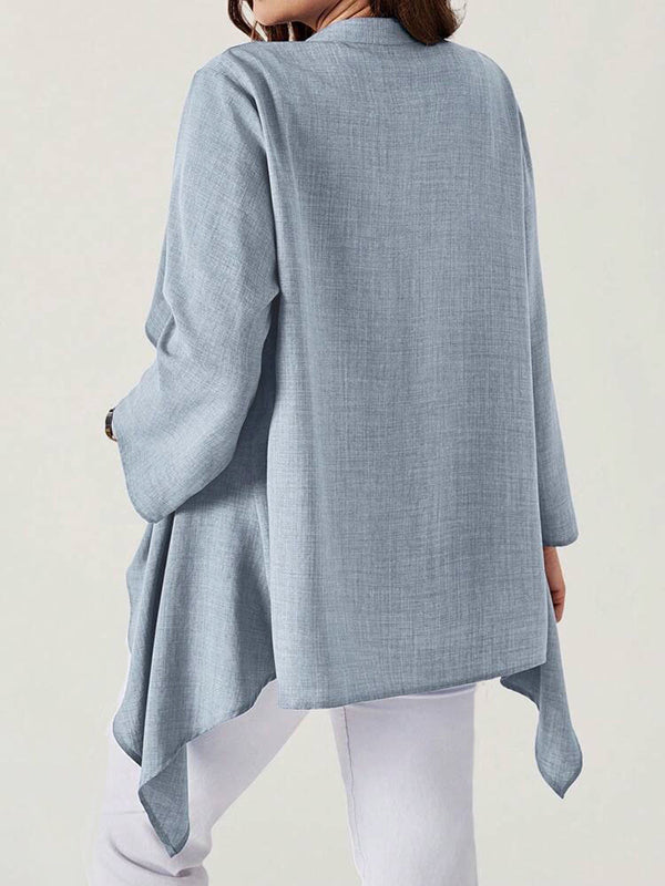 Light chambray-blue draped jacket with an open front and pointed hem