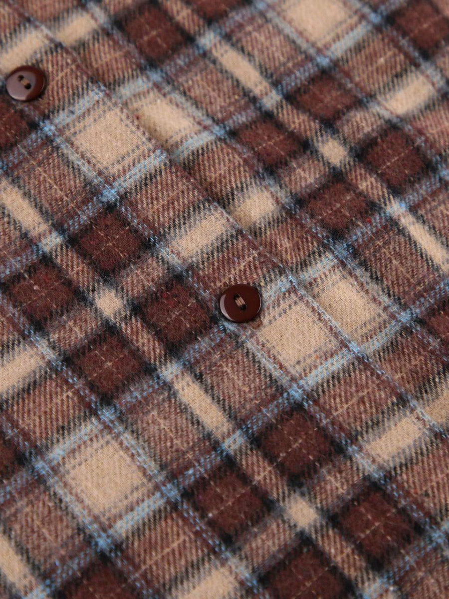 Oversized brown check shacket with a contrast collar and chest pockets