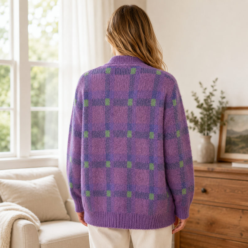 Women's oversized collared check cardigan - detail