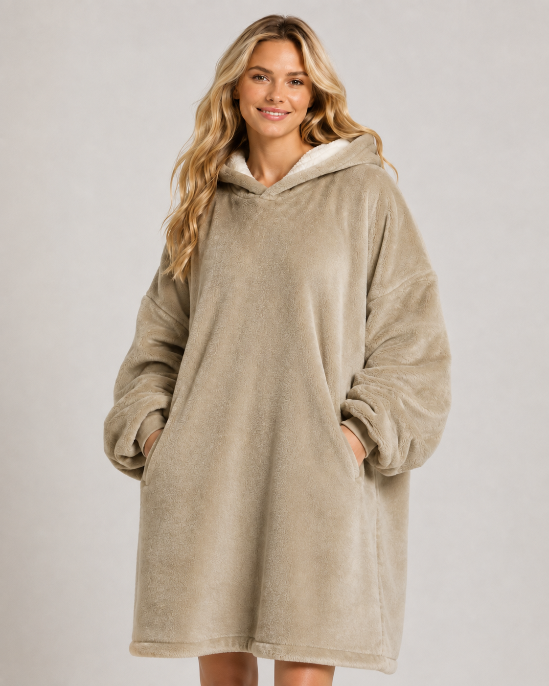 Oversized beige blanket hoodie with a lighter lined hood