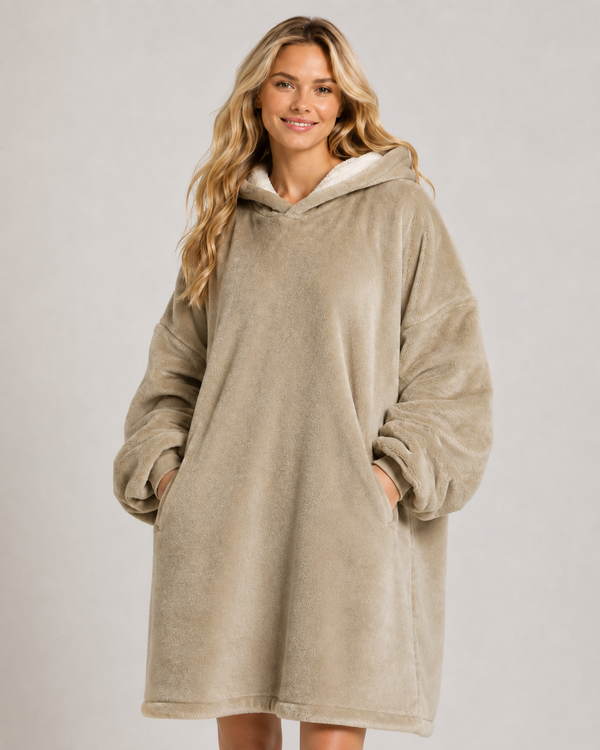 Oversized beige blanket hoodie with a lighter lined hood