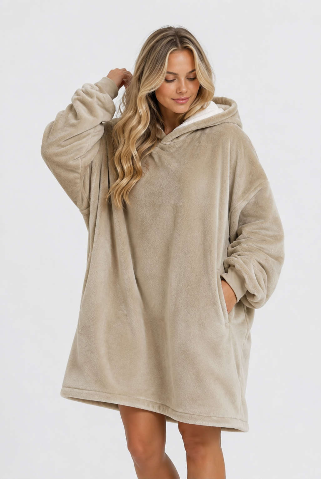 Oversized beige blanket hoodie with a lighter lined hood