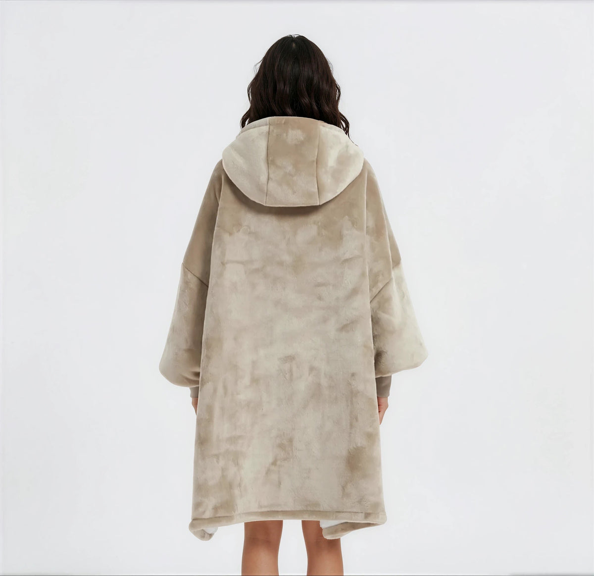 Oversized beige blanket hoodie with a lighter lined hood