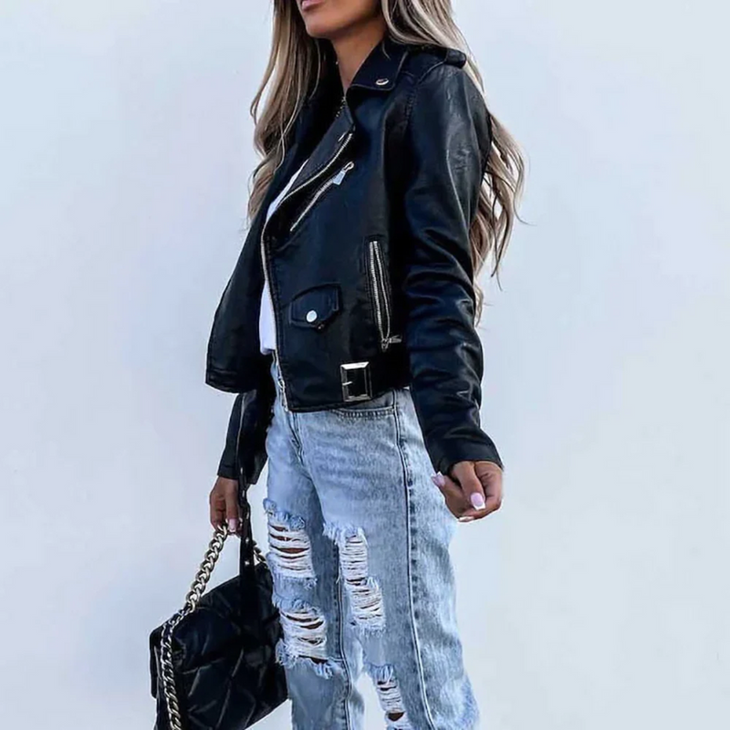 Women's fitted faux leather biker jacket with an angled zip and belt