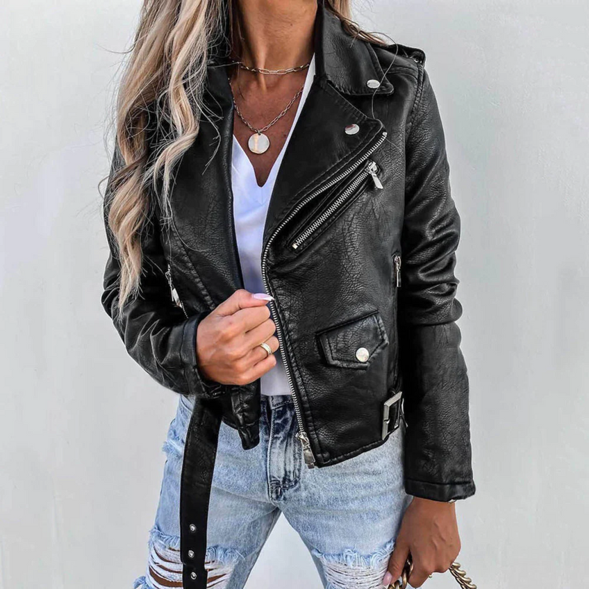 Women's fitted faux leather biker jacket with an angled zip and belt