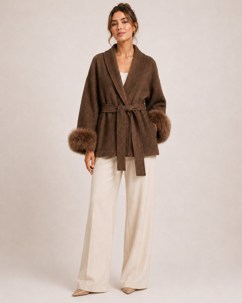 Women's belted wrap cardigan with a shawl collar and fluffy cuffs - brown