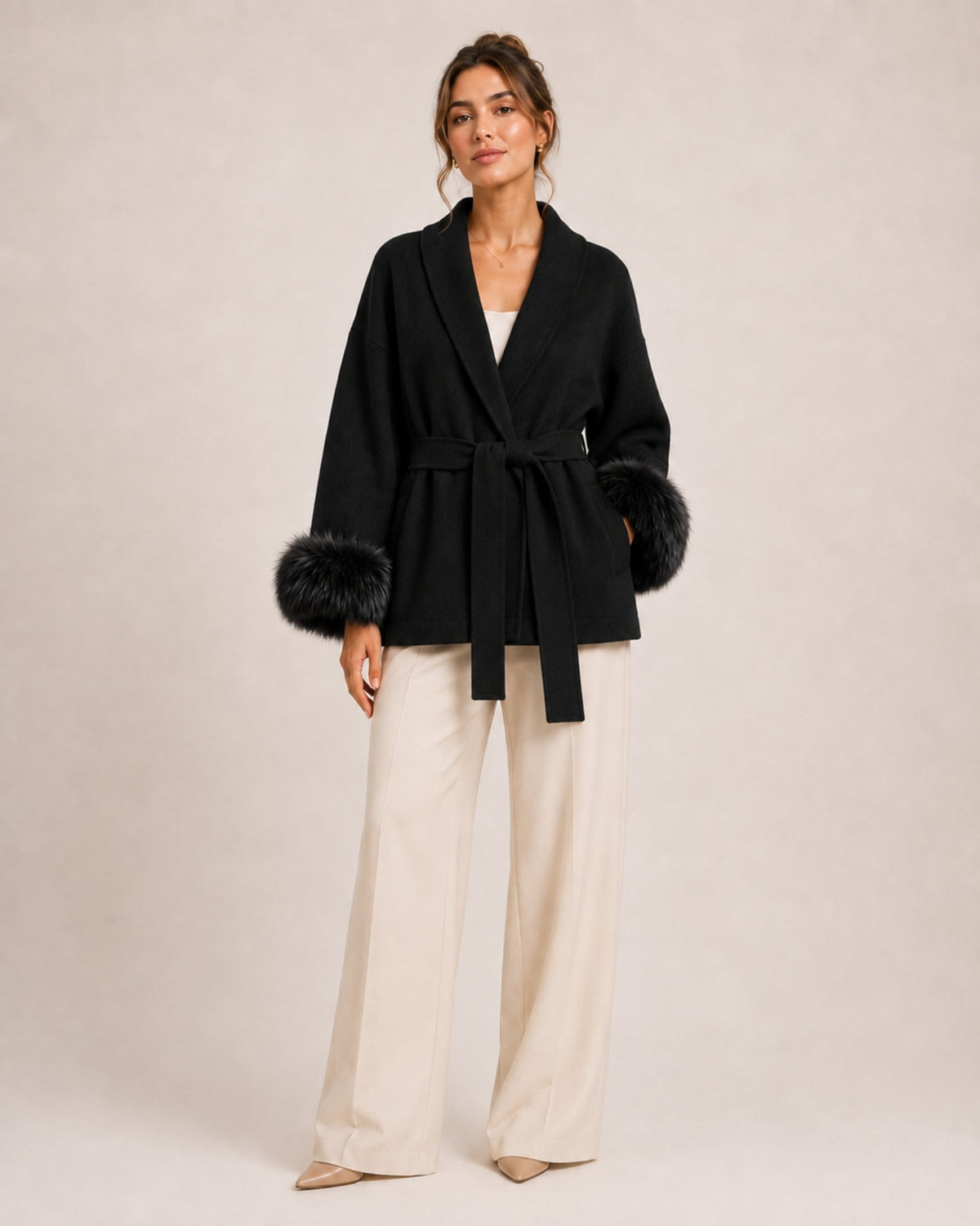 Women's belted wrap cardigan with a shawl collar and fluffy cuffs - black