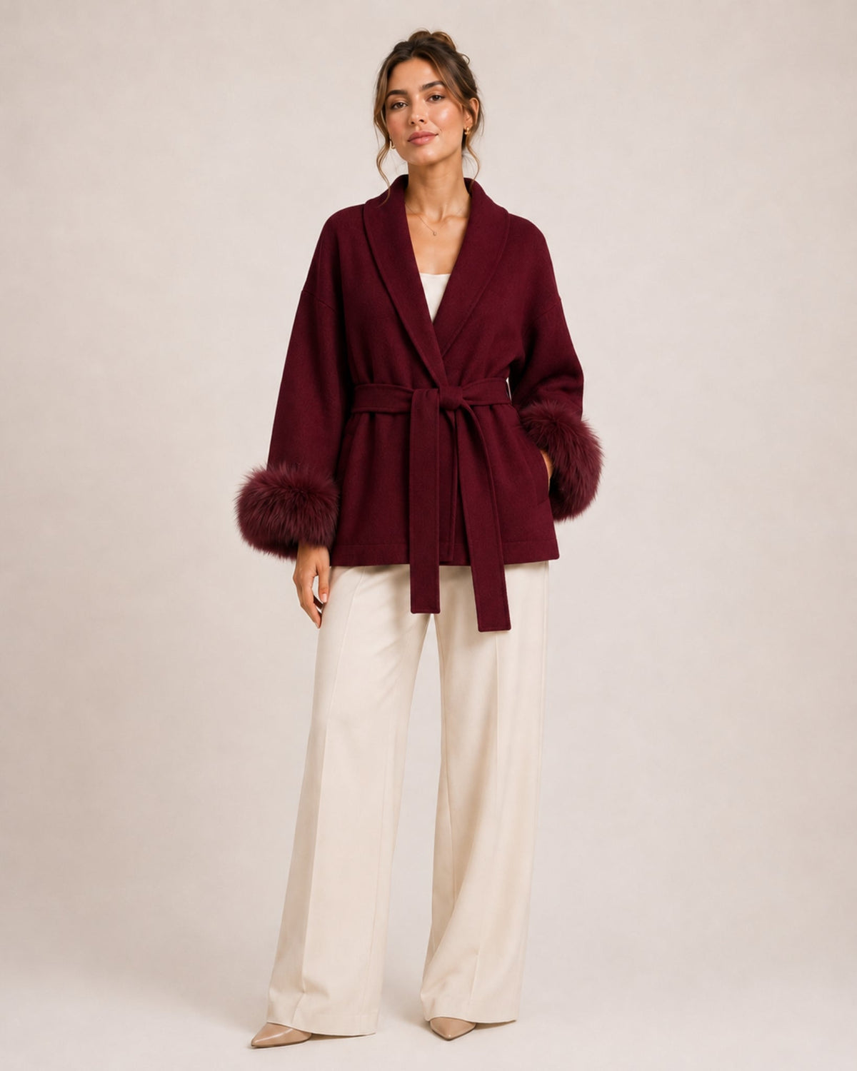 Women's belted wrap cardigan with a shawl collar and fluffy cuffs - burgundy