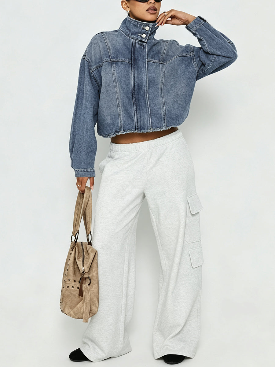 Cropped denim jacket with a high stand collar and balloon sleeves