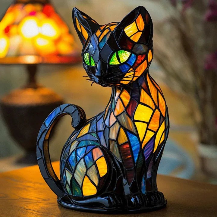Black cat lamp in a stained glass look with green eyes and blue, orange and yellow panels