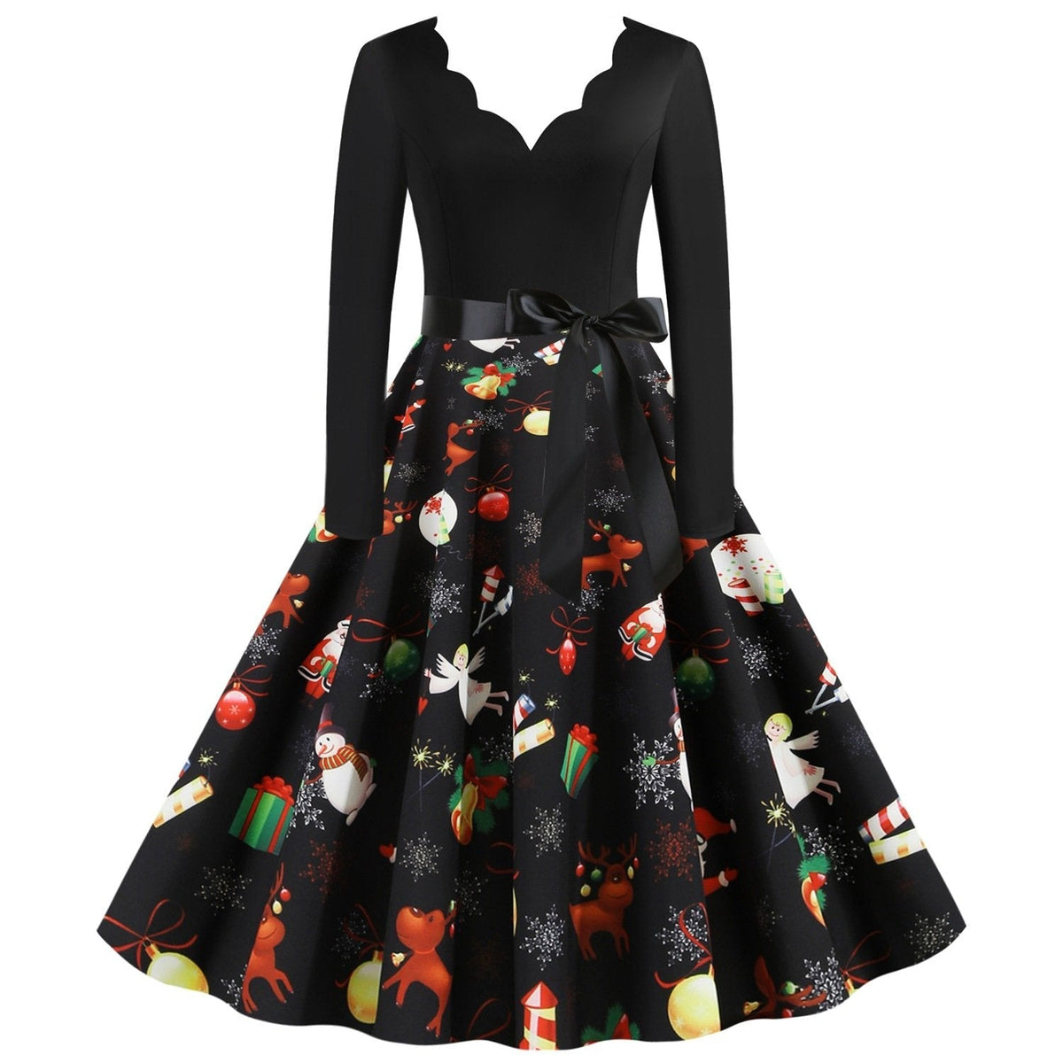 Women's black Christmas dress with scalloped V-neck and angel print skirt