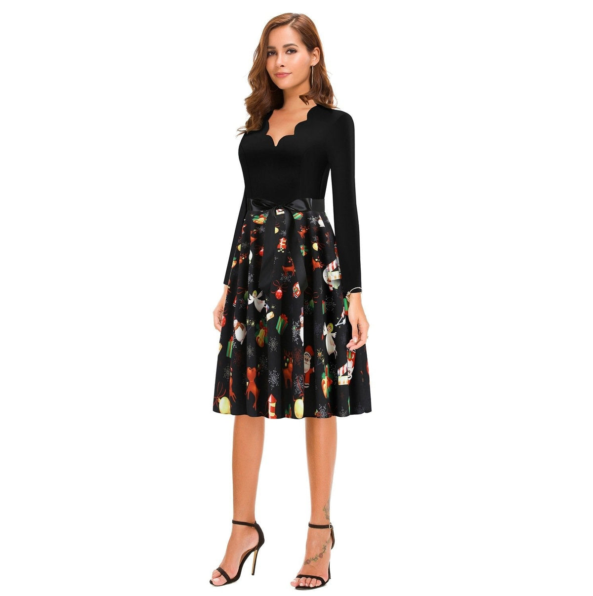 Women's black Christmas dress with scalloped V-neck and angel print skirt