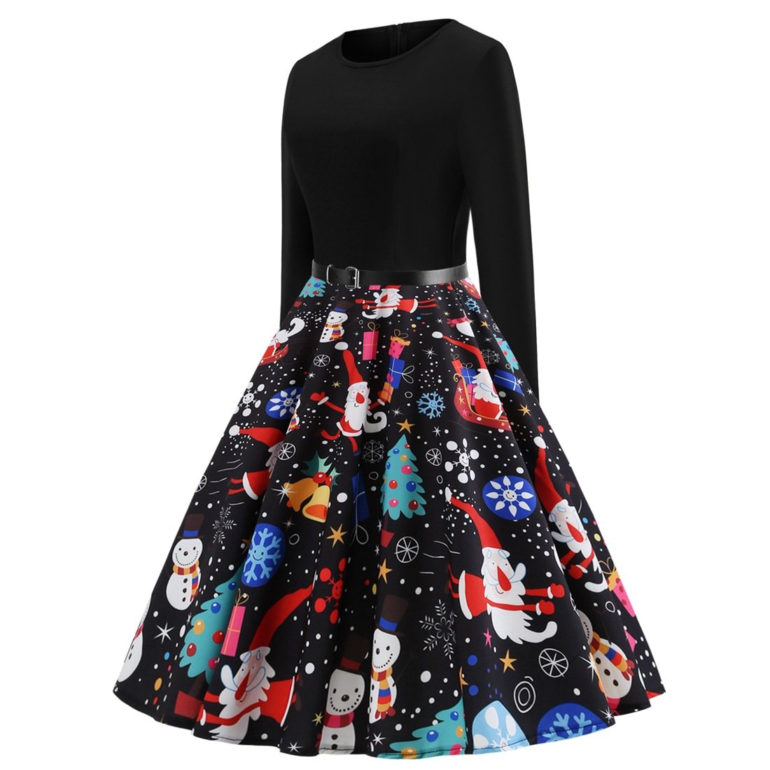 Women's black Christmas dress with snowman print skirt and a slim belt