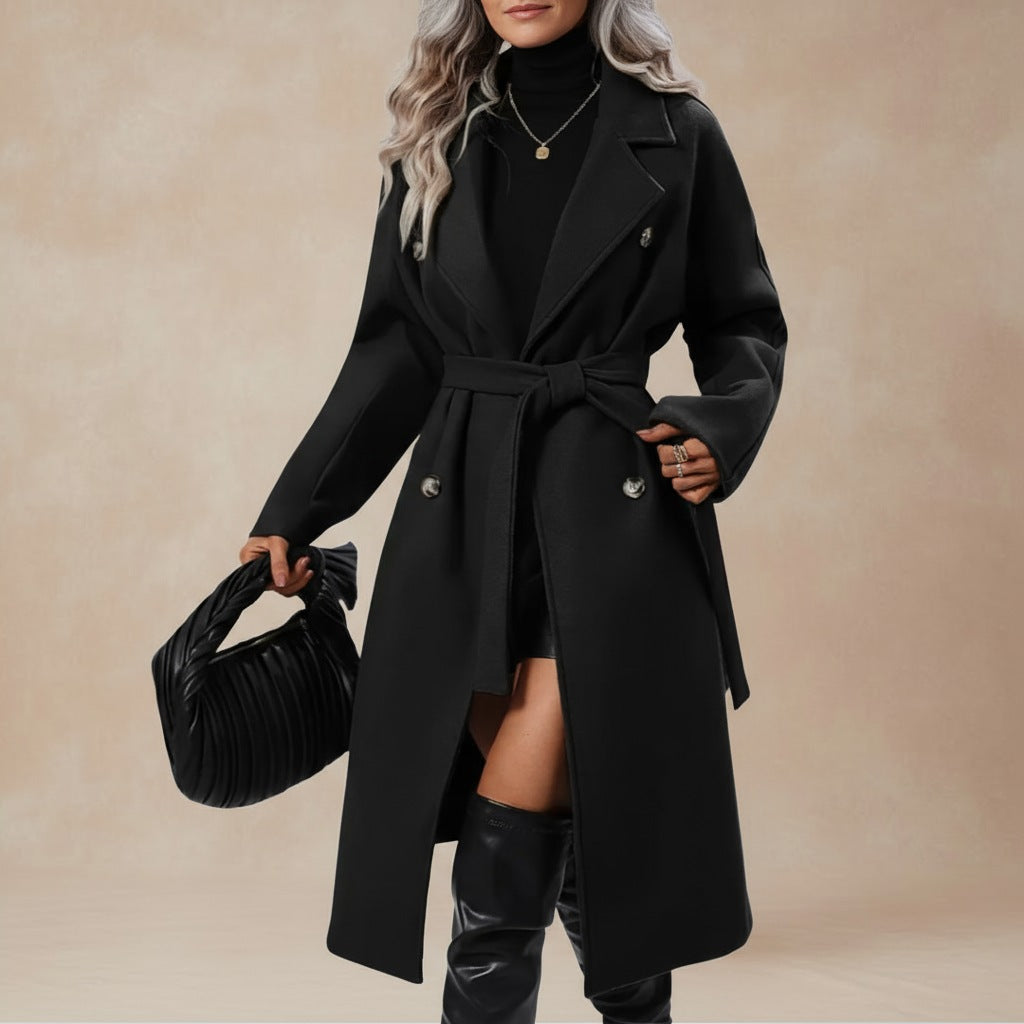 Women's black double-breasted coat with a tie belt and notch lapels - black
