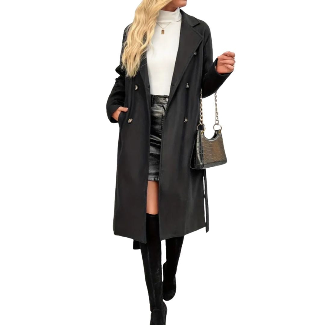Women's black double-breasted coat with a tie belt and notch lapels