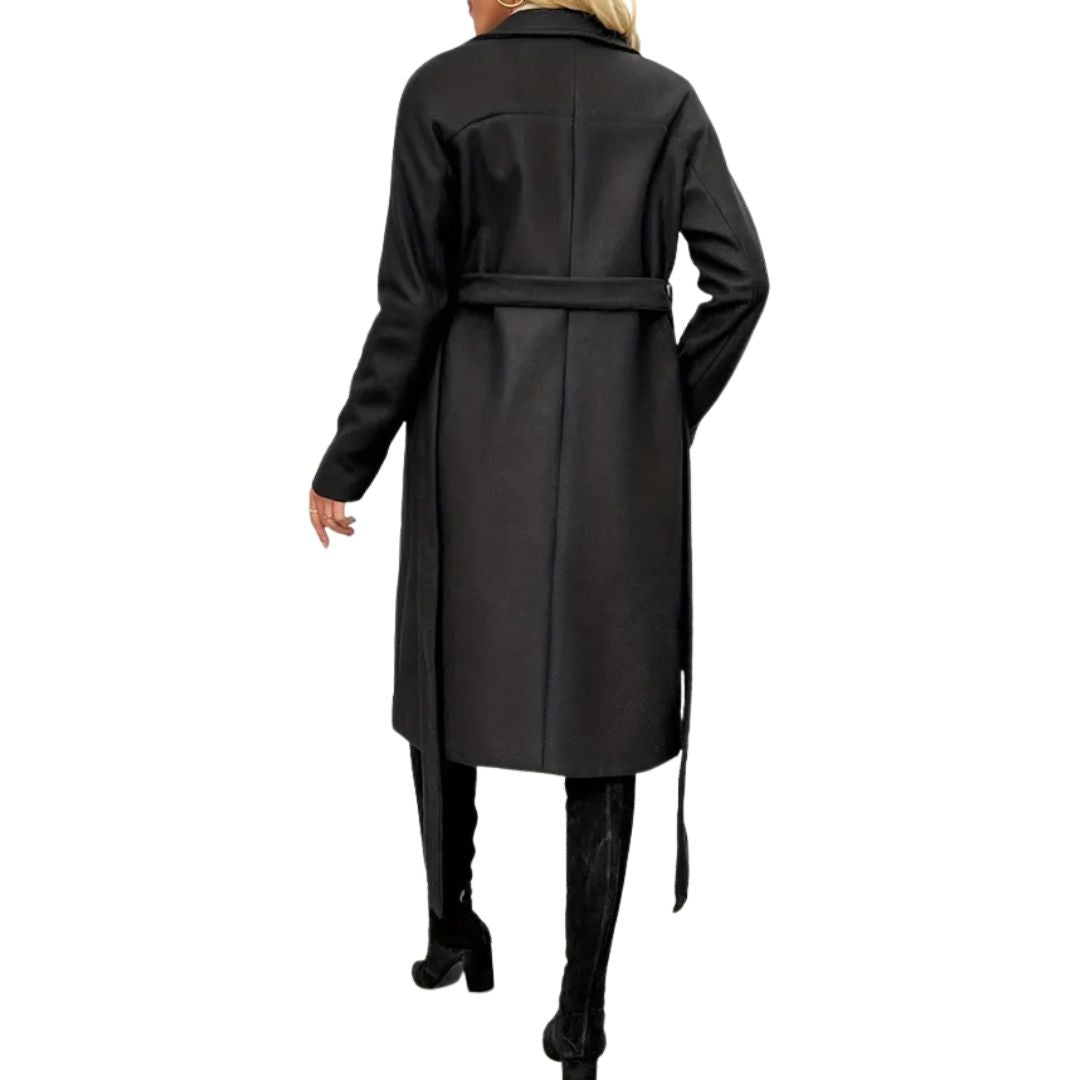 Women's black double-breasted coat with a tie belt and notch lapels