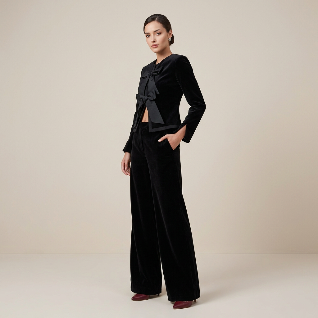 Black velvet jacket with a satin bow and matching wide-leg trousers in black