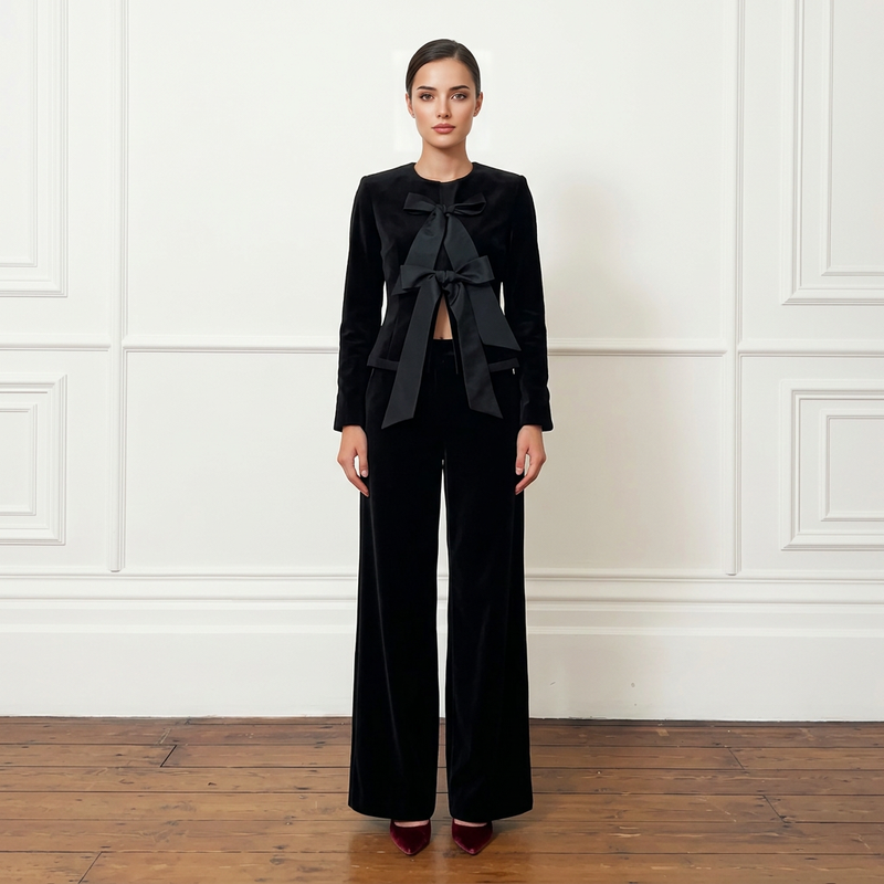 Black velvet jacket with a satin bow and matching wide-leg trousers