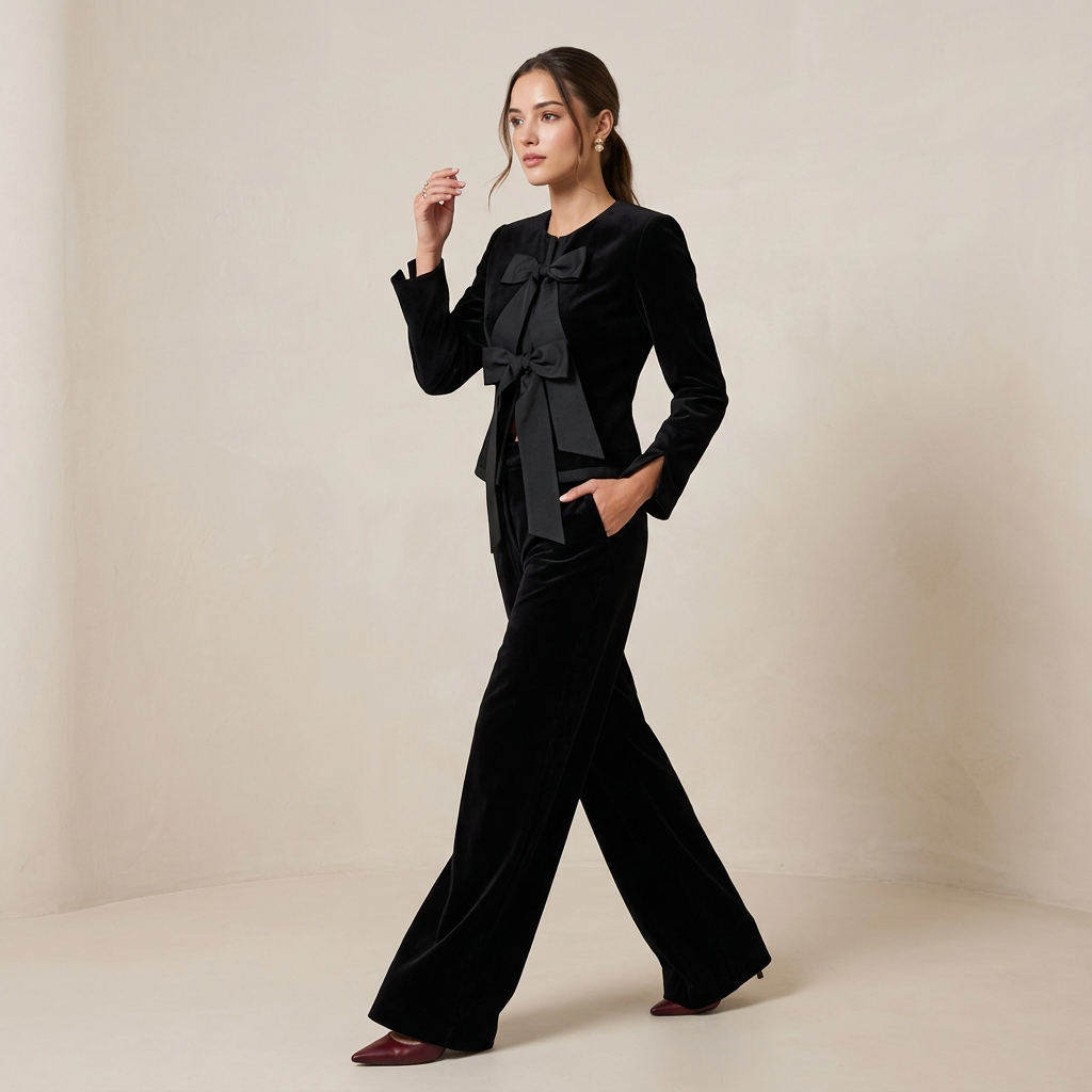Black velvet jacket with a satin bow and matching wide-leg trousers