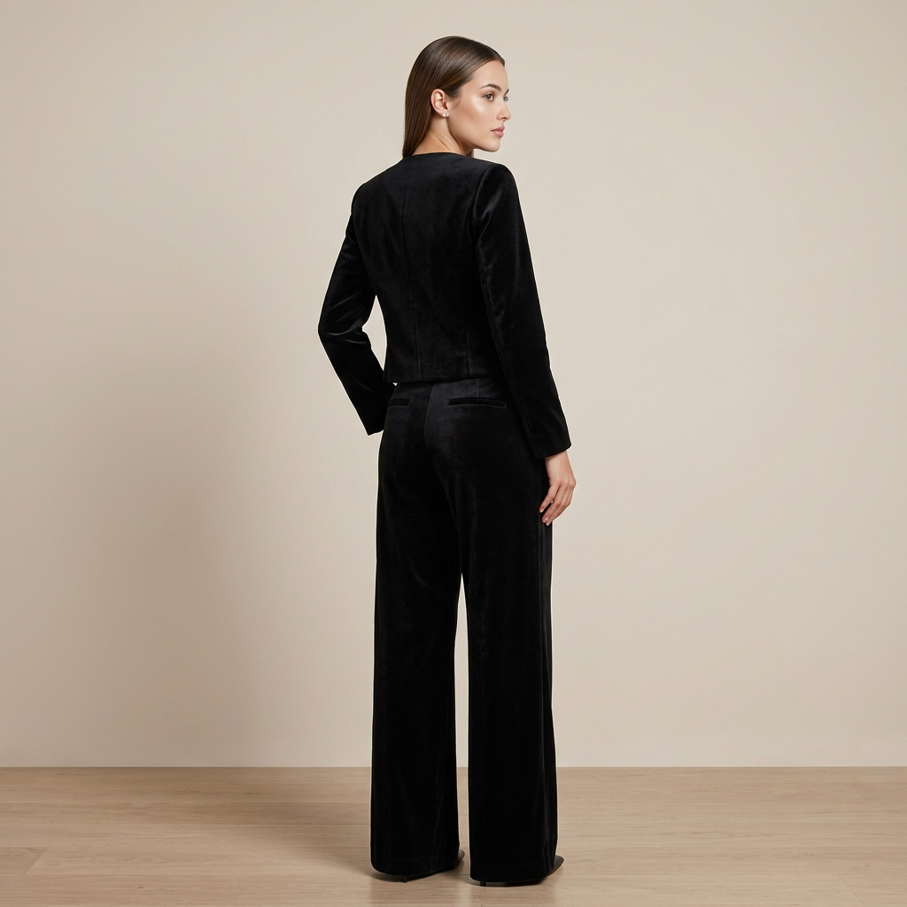 Black velvet jacket with a satin bow and matching wide-leg trousers