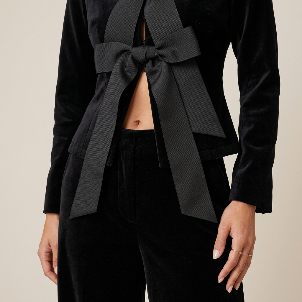 Black velvet jacket with a satin bow and matching wide-leg trousers