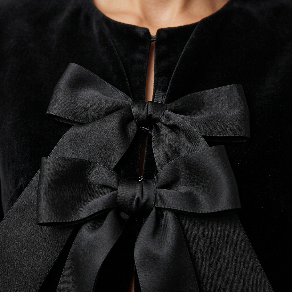 Black velvet jacket with a satin bow and matching wide-leg trousers