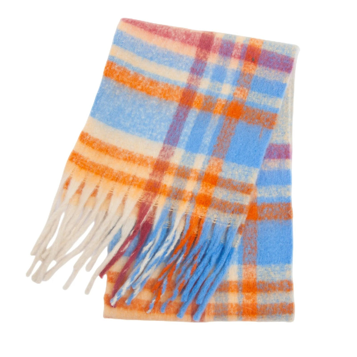 Women's thick block check scarf with fringed ends - orange/blue