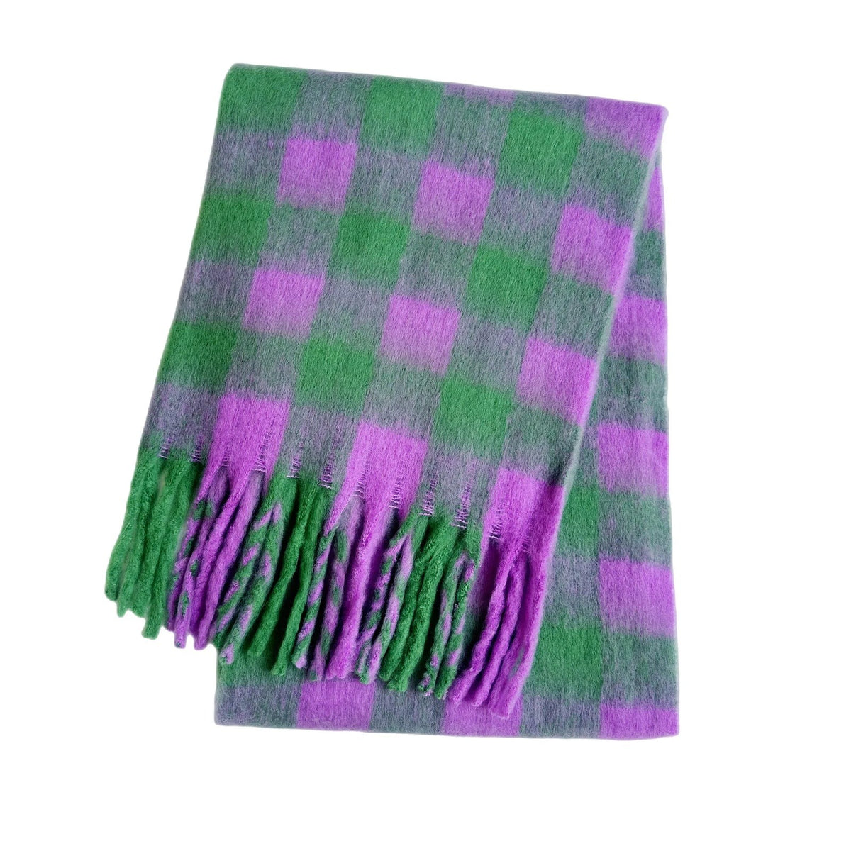 Women's thick block check scarf with fringed ends - purple/green