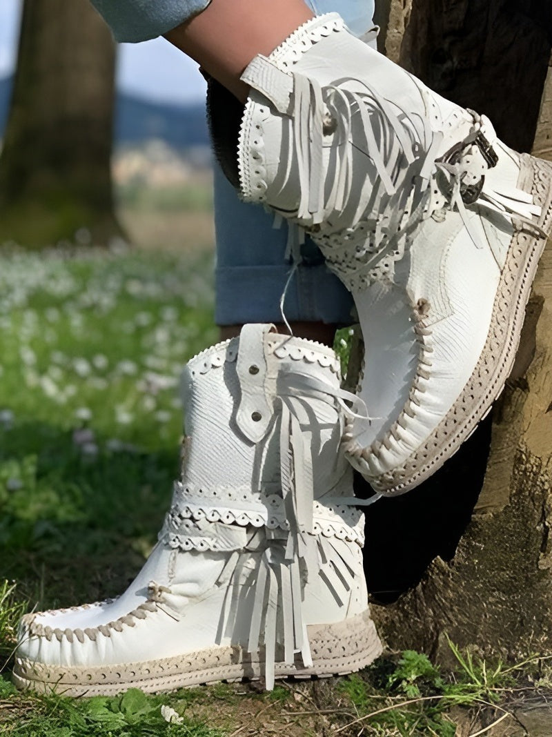 Women's boho ankle boots in faux suede with fringe and braided straps - view 3
