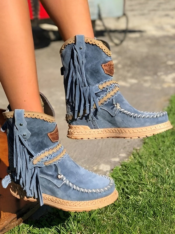 Women's boho ankle boots in faux suede with fringe and braided straps - denim blue