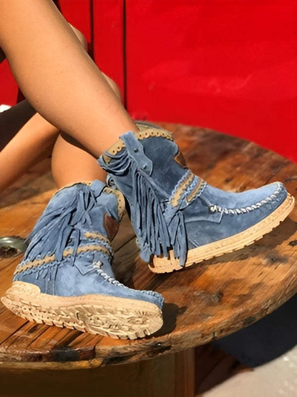 Women's boho ankle boots in faux suede with fringe and braided straps - view 8