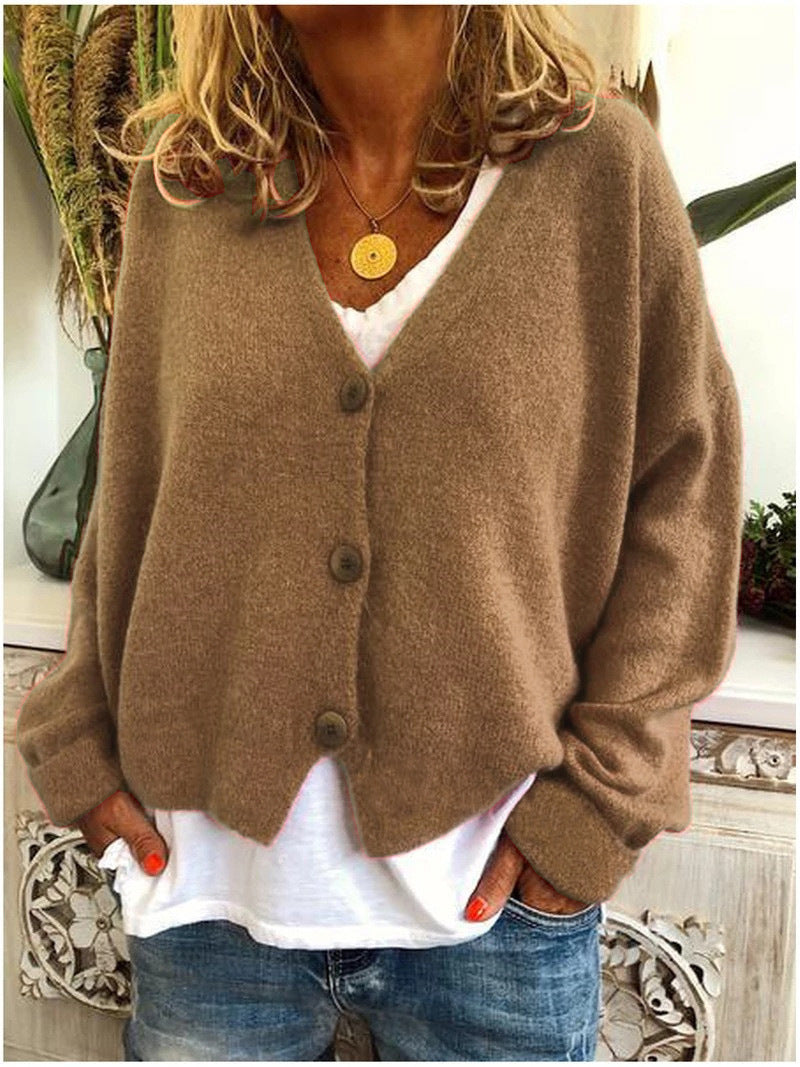 Women's short boxy V-neck cardigan with three large buttons - camel
