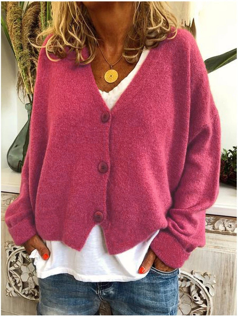 Women's short boxy V-neck cardigan with three large buttons - fuchsia