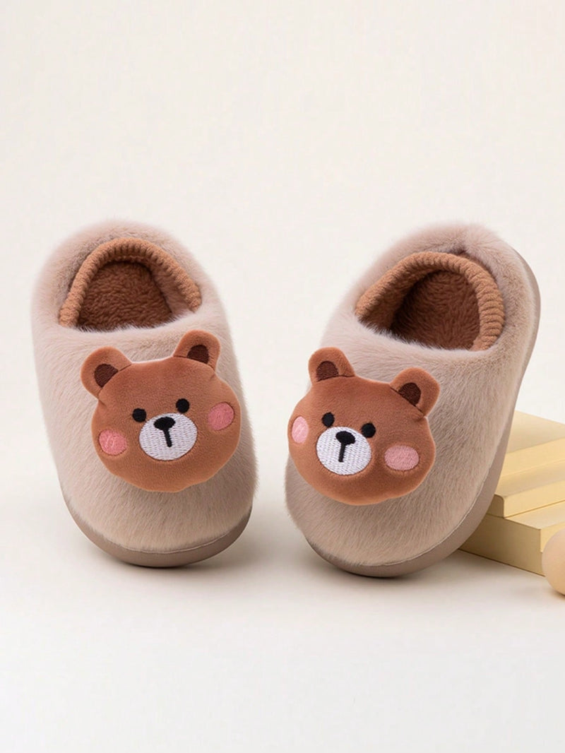 Plush slippers for boys with a bear face on the toe, brown plush lining and a ribbed collar - view 2