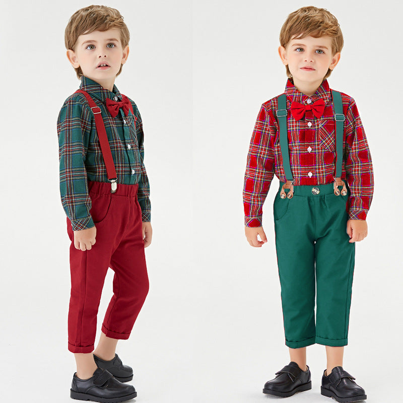 Boys' Christmas outfit with a shirt, bow tie and trousers with braces