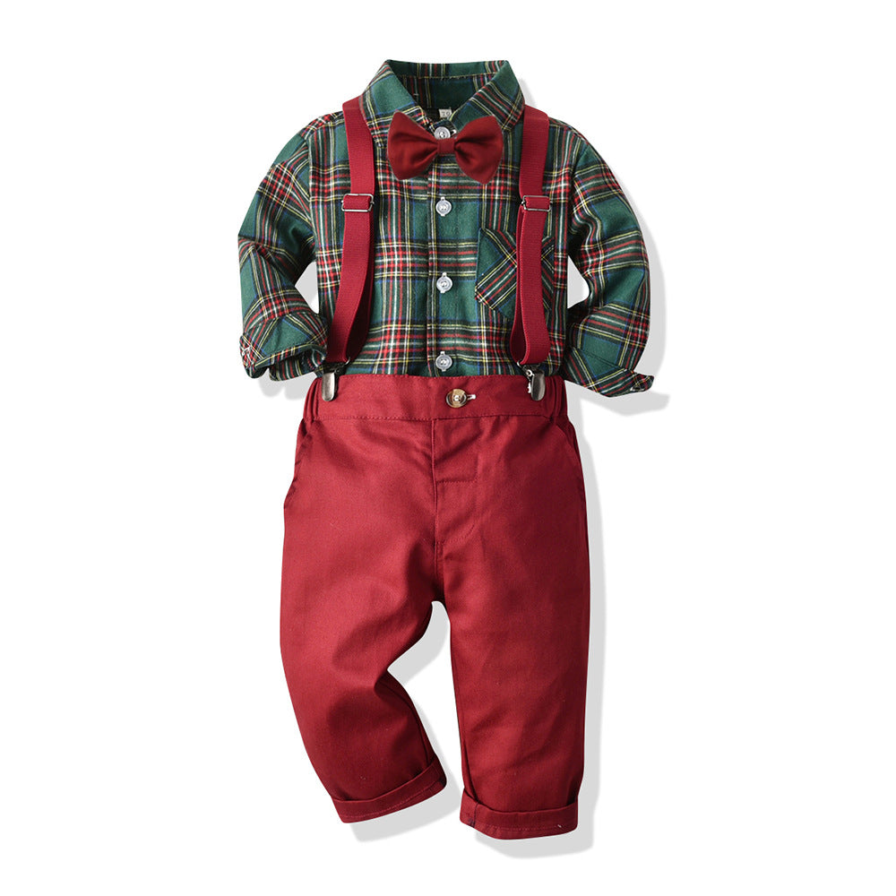 Boys' Christmas outfit with a shirt, bow tie and trousers with braces - green tartan with red trousers