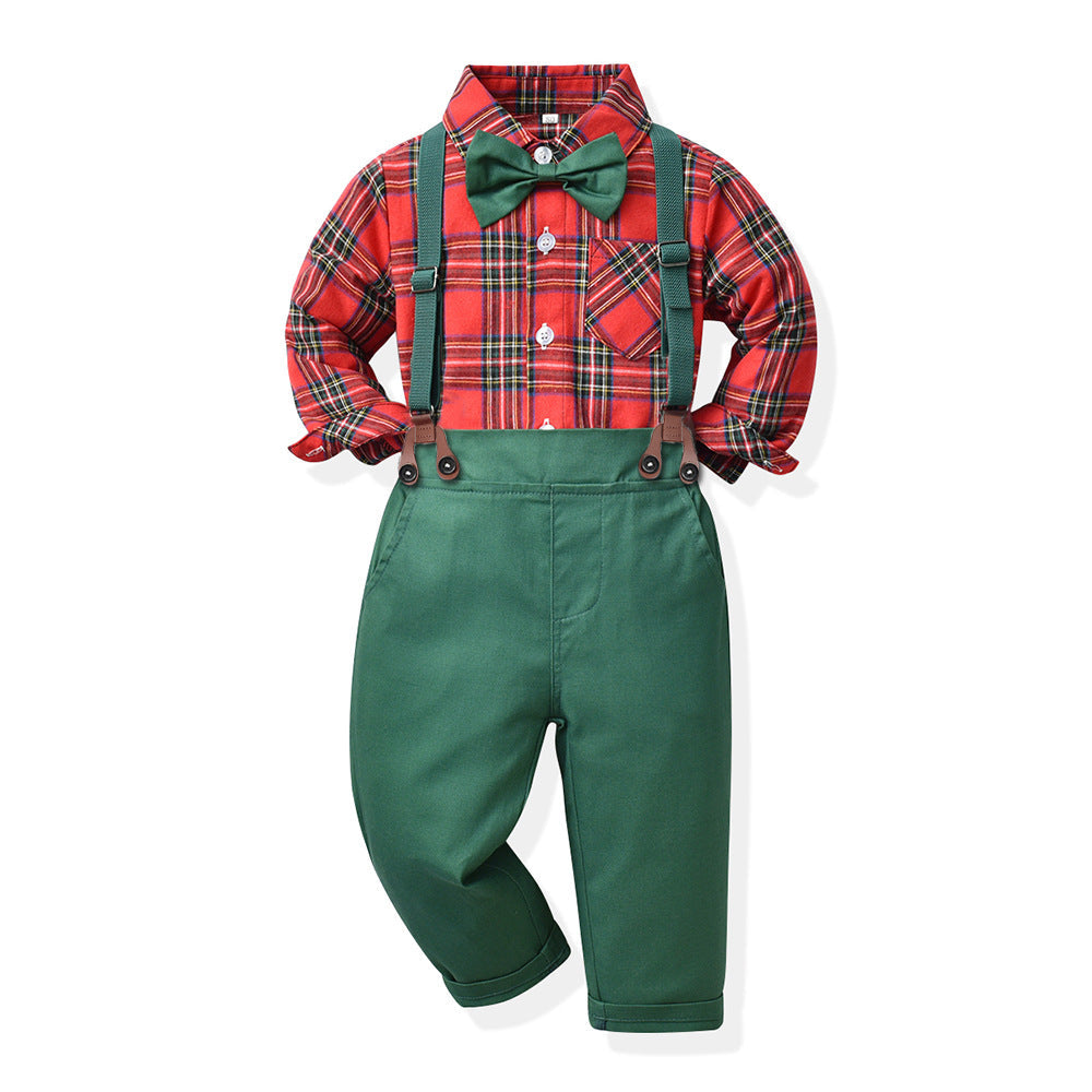 Boys' Christmas outfit with a shirt, bow tie and trousers with braces - red tartan with green trousers
