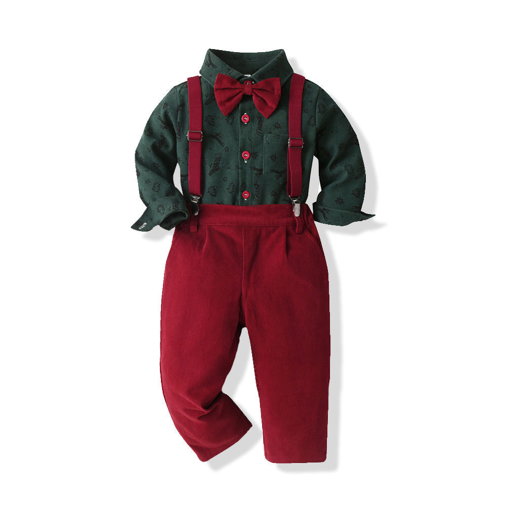 Boys' Christmas outfit with a shirt, bow tie and trousers with braces - dark green with red trousers
