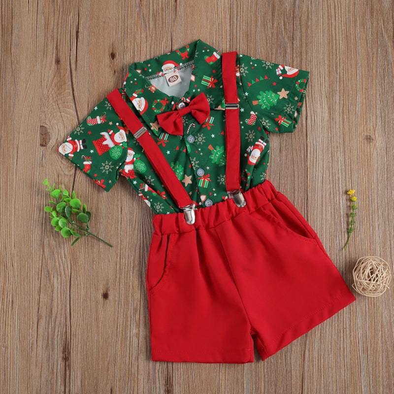 Boys' Christmas set with green printed shirt, red shorts, braces and bow tie