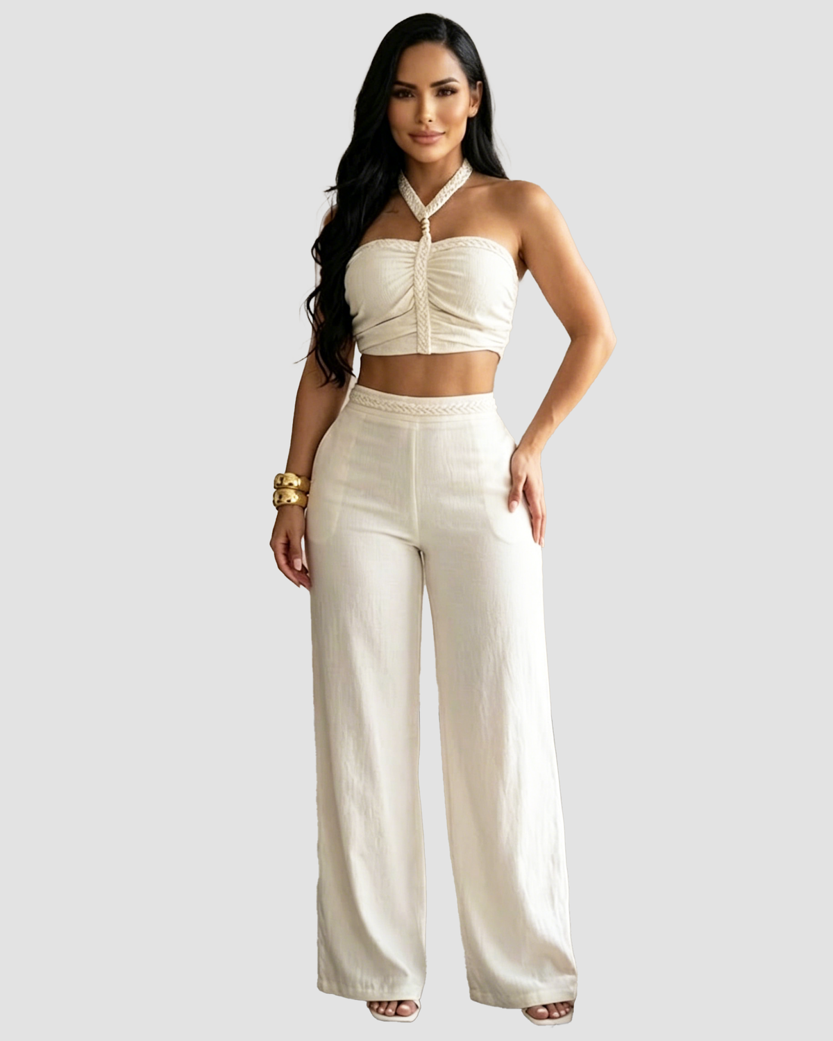 Two-piece set with a braided halter crop top and high-waisted wide-leg trousers - off-white