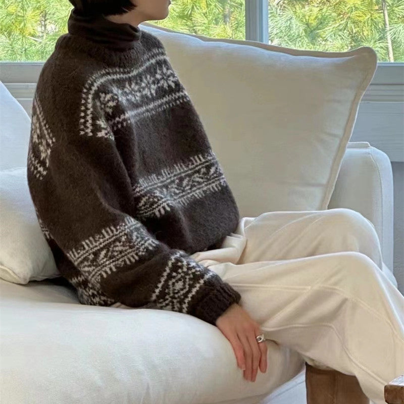 Women's brushed-knit Christmas jumper with wide Fair Isle snowflake bands