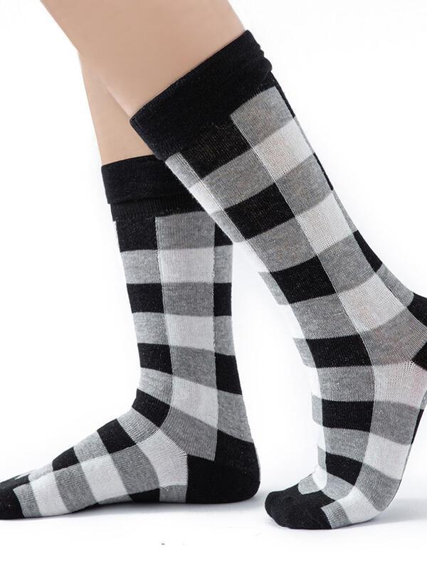 Tall buffalo check Christmas socks with a wide turned-down cuff - black and white check