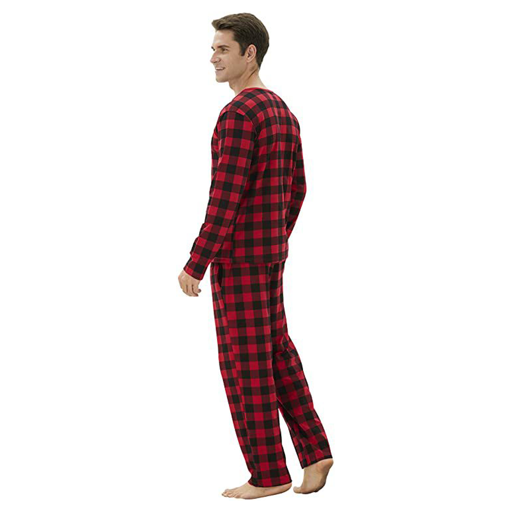 Red and black check family Christmas pyjamas with a Father Christmas face
