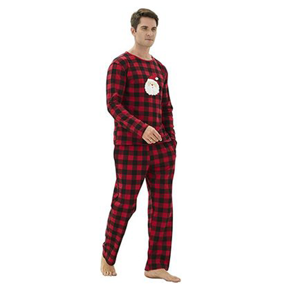 Red and black check family Christmas pyjamas with a Father Christmas face