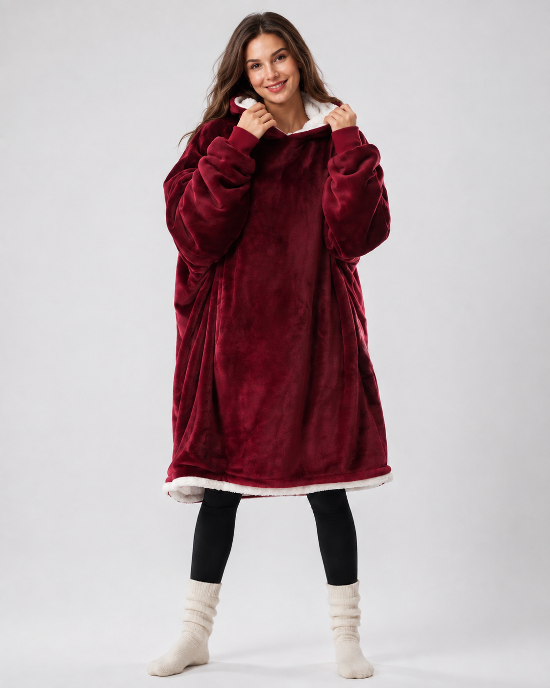 Oversized burgundy blanket hoodie with a cream sherpa lined hood