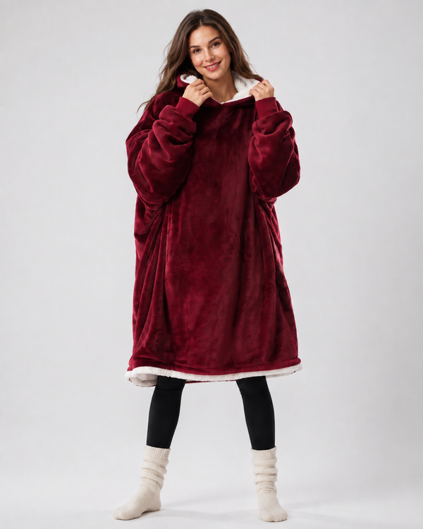 Oversized burgundy blanket hoodie with a cream sherpa lined hood